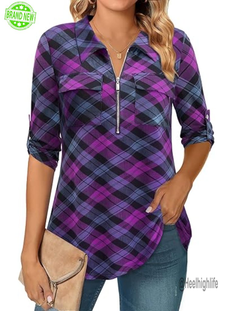 3/4 Sleeve Collared Blouses Business Casual Zip Front V Neck Tunic Tops